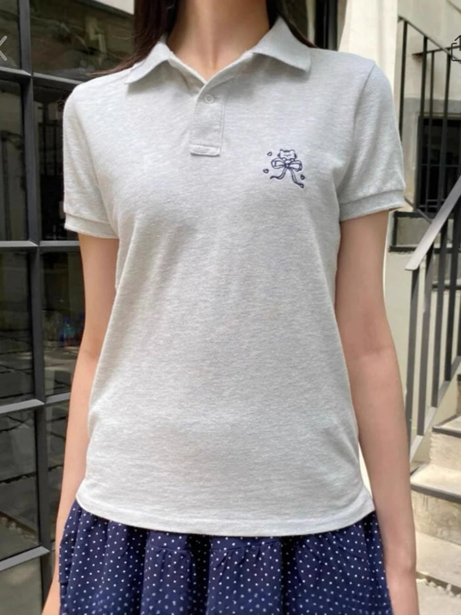 Bow Cat Embroidery Polo T-shirt Women Summer Gray Cotton Turn Down Collar Short Sleeve Tees Vintage Sweet Preppy Style T Shirt