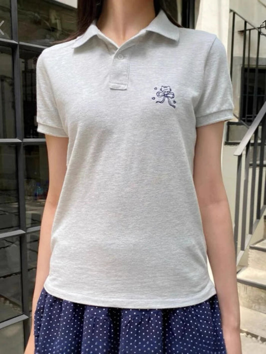 Bow Cat Embroidery Polo T-shirt Women Summer Gray Cotton Turn Down Collar Short Sleeve Tees Vintage Sweet Preppy Style T Shirt
