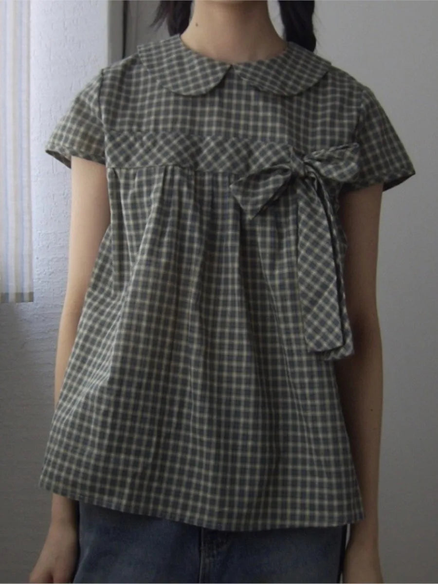 Retro Plaid Bow Lace-up T-shirts Blouse Women Summer New Korean Streetwear Doll Collar Short Sleeve Tees Vintage Sweet Cute Tops