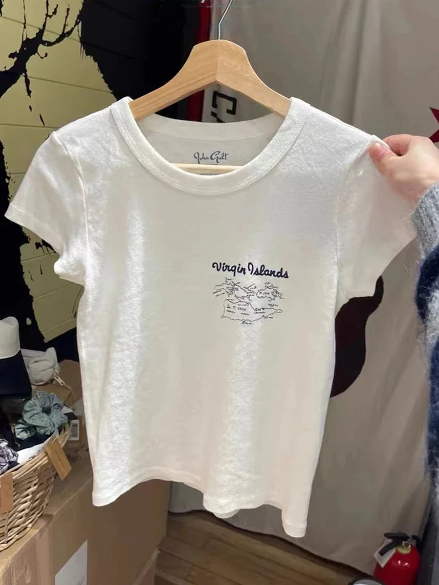 Letter Print Cotton Short Sleeve Tee Women Casual O-neck Streetwear American Tops Female Fashion Sweet Vintage Chic Y2K T-shirts