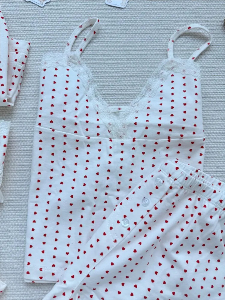 Cute Red Heart Print 2 piece Sets Women Summer Cotton Lace Trim V-neck Camisole+Short Pants Sweet Home Short Outfits Y2K