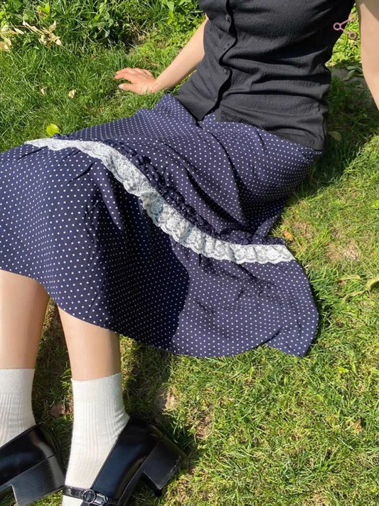 Navy Polka Dot Midi Skirt Women Summer Casual Lace Ruffles Patchwork A-line Long Faldas Female Sweet Vintage Preppy Style Skirts