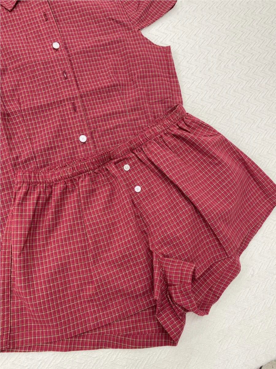 Vintage Red Plaid Blouse T-shirt Short Set Women Summer Buttons Tee+Straight Sweatshorts Suit Sweet Home Pajama 2 Piece Sets Y2K