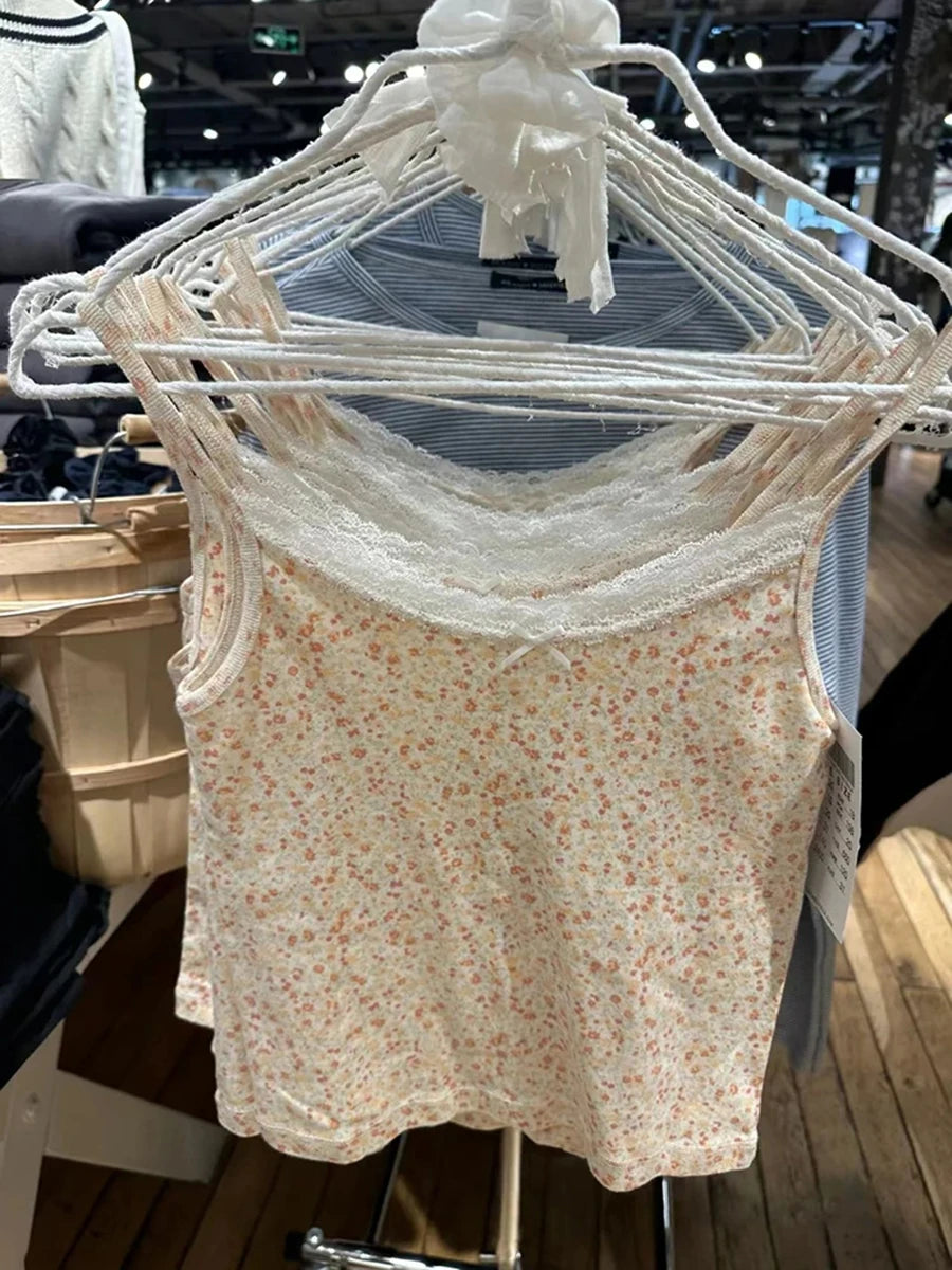 Pink Floral Print Lace Trim Tank Tops Women Summer New Cotton Bow Casual Chic Simple Camisole Girl Sweet Cute Vintage Vests Y2K