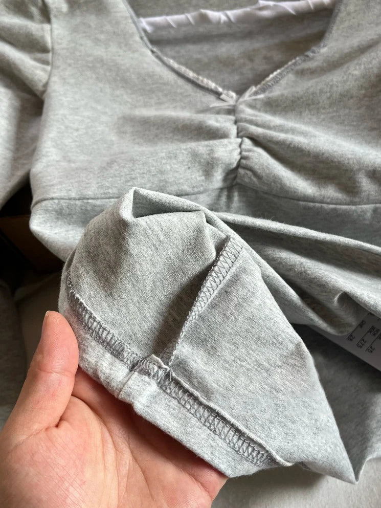 Gray Folds Bow V-neck Long Sleeve T-shirt Women Cotton Lace Trim Slim Tee Shirt Female Sweet Preppy Style Basic Tshirt Y2K Tops