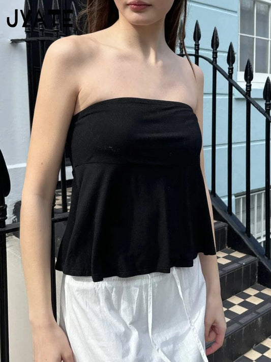 Harajuku Black Folds Strapless Camisole Women Summer Cotton Soft Casual Simple Cropped Vests Sweet Vintage Basic Tank Tops Y2K