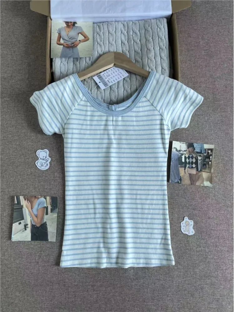 Blue Striped Button T-shirts Women Cotton Slim Preppy Style Simple Crew Neck Short Sleeve Tees Sweet Cute Fashion Y2K Tshirts