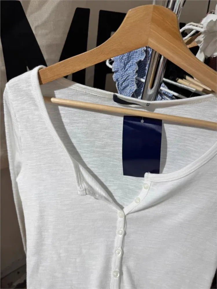 Slub Cotton White Long Sleeve T-shirt Woman Six Buttons Round Neck Slim Tee Tops Female Casual Simple All-match Basic Tshirts