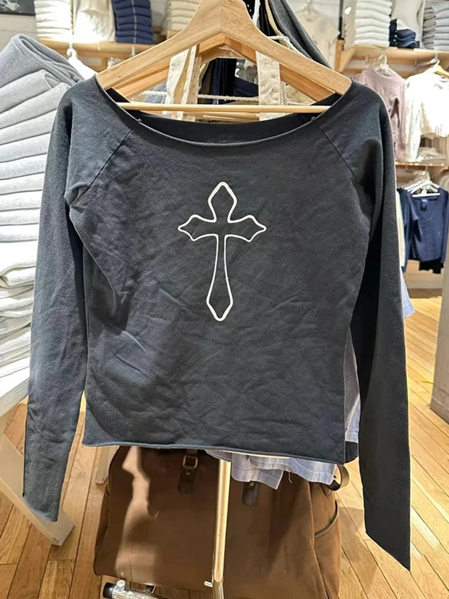 Harajuku Black Raw Trim T-shirts Women Cotton Casual Sexy Slash Neck Long Sleeve Tees Female Streetwear Vintage Y2K Tops Clothes