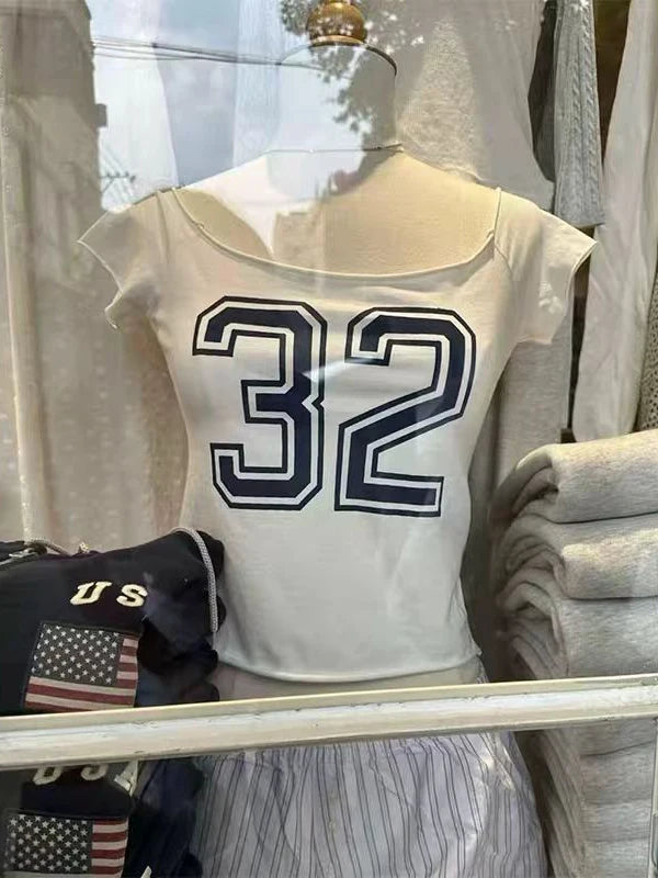 NO.33 Print Raw Trim Slim Crop Top Women Sexy Slash Neck Short Sleeve Cotton Cropped Tee Shirt American Vintage Sweet T-Shirts
