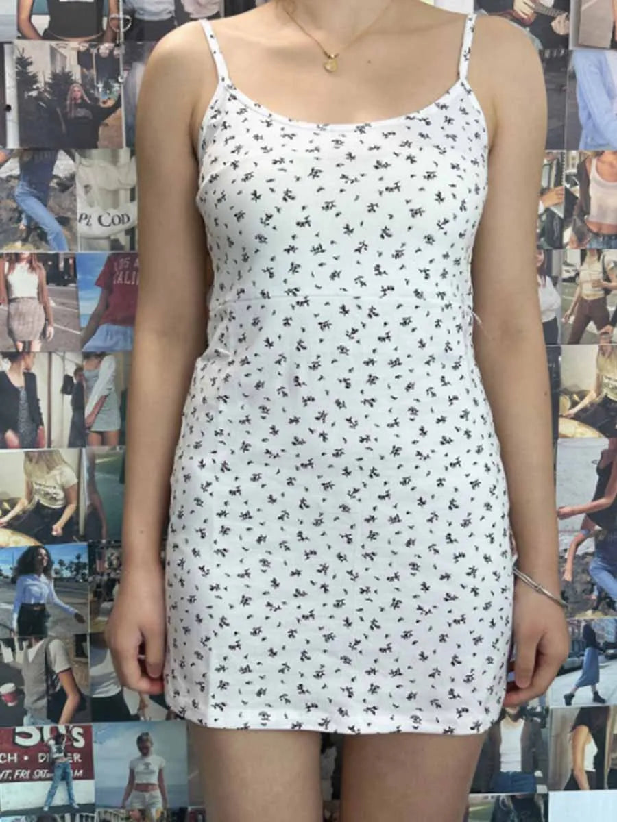 Floral Print Slim Mini Dress Women Summer New Street Preppy Style Cotton Sleeveless Vestidos Sweet Cute Chic Vintage Dresses Y2K