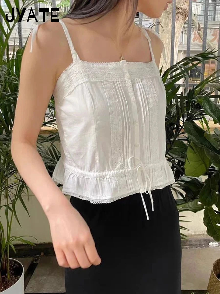 White Buttons Slim Sleeveless Vests Women New Casual Cotton Lace Drawstring Hem Cropped Camis Sweet Cute Vintage Crop Tops Y2K