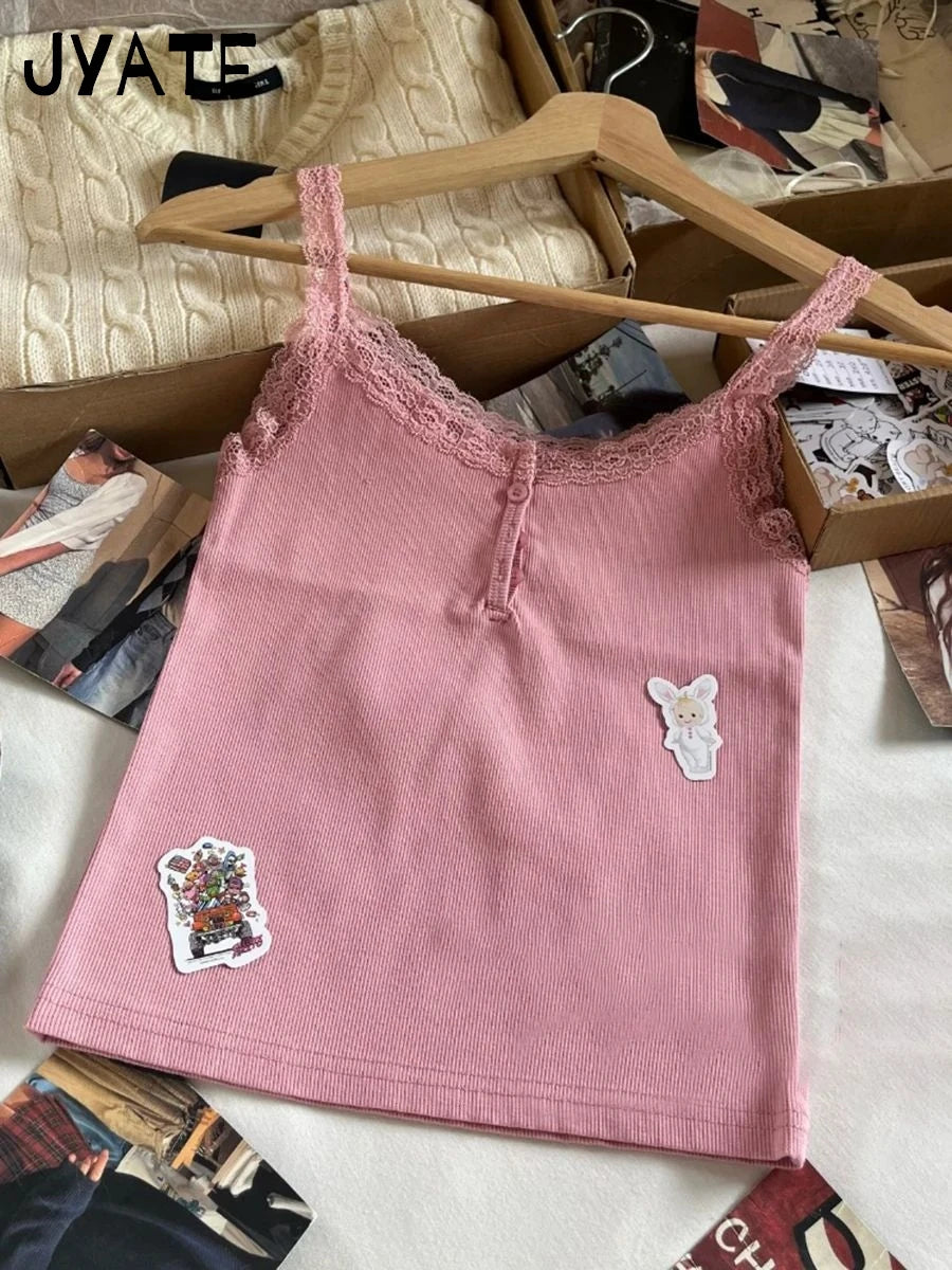 Harajuku Rose Red Lace Trim Sleeveless Vest Women New Cotton RIbbed Buttons Slim Cropped Tank Tops Sweet Chic Basic Camisole Y2K