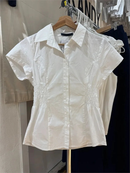 White Elastic Waist Slim T-shirt Blouse Woman Summer Turn Down Collar Short Sleeve Shirts Female Casual Simple Preppy Style Tees