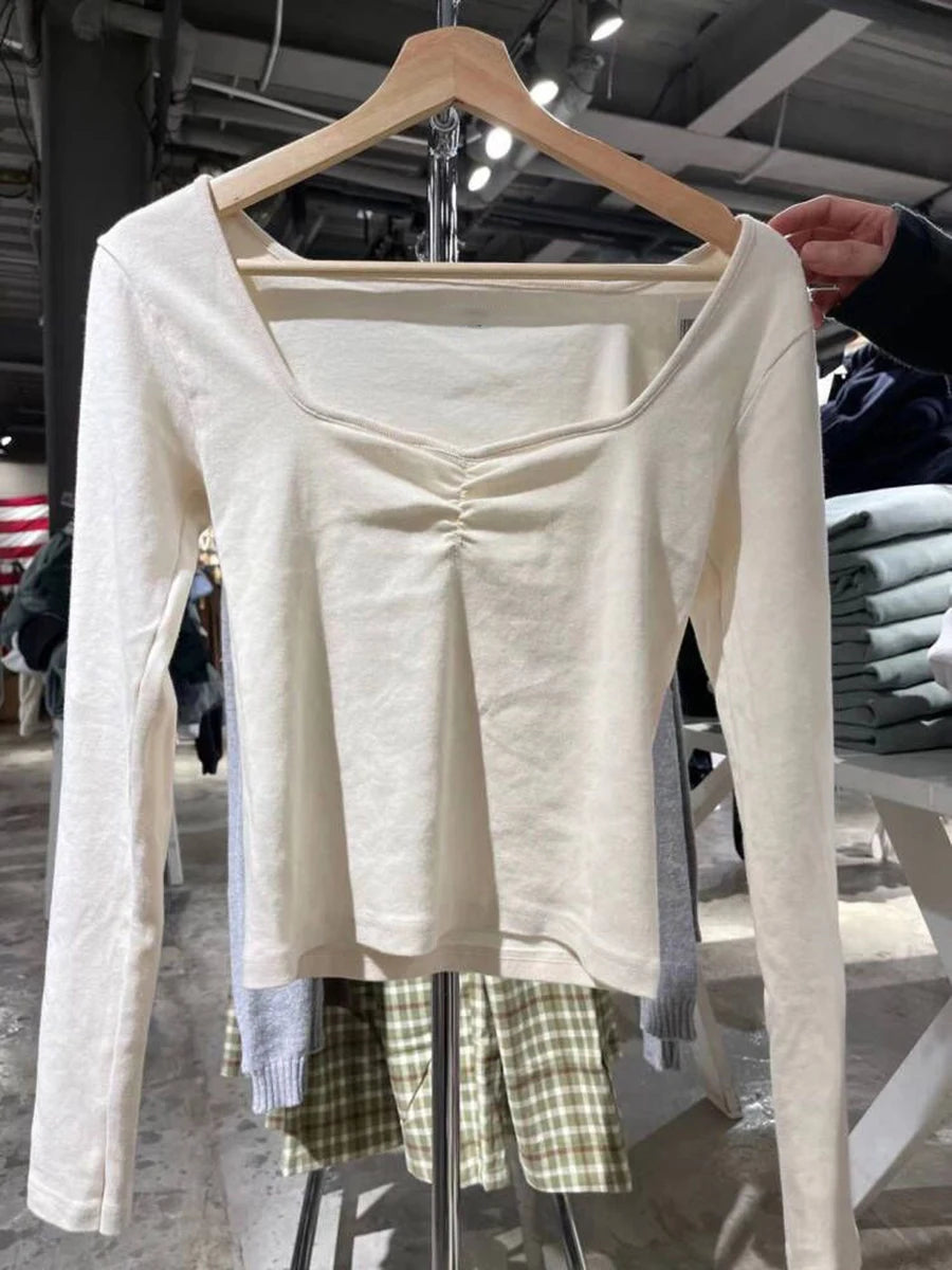 Solid V Neck Slim Long Sleeve T-shirts Fashion Tight Folds Basic Crop Top Woman Spring Casual Street Y2K Summer Tees