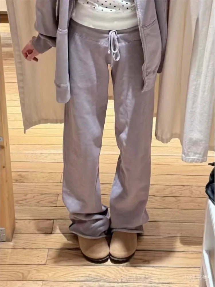 Purple Fleece Lined Sport Long Pant Women High Waist Cotton Straight Sweatpants Sweet Casual Streetwear Drawstring Sweatpants