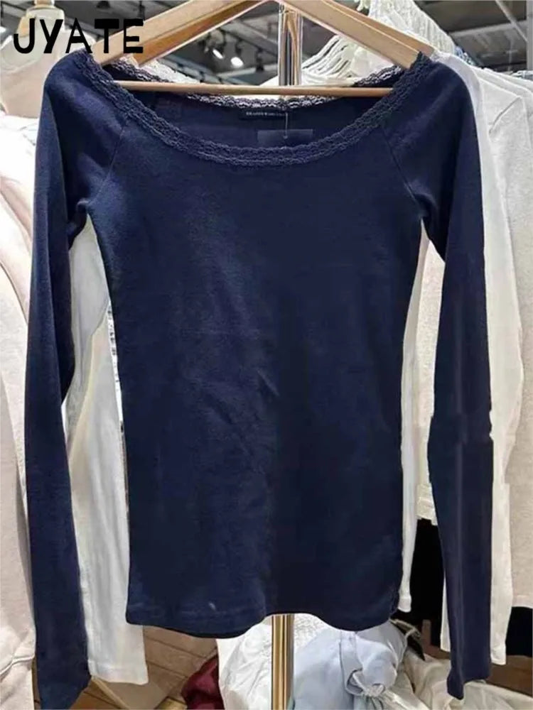Gray Sexy Slash Neck Cotton Long Sleeve Tees Women New Lace Trim Casual Streetwear Tops Clothes Harajuku Chic Sweet T-shirts Y2K
