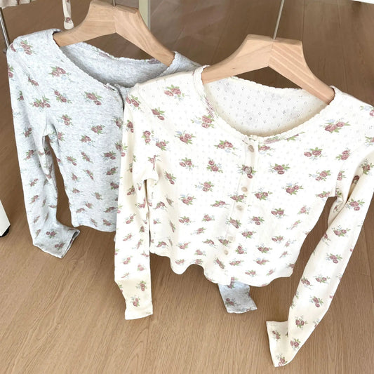 Floral Print Button T-shirts Women Casual Simple Basic Cotton Eyelet Slim Long Sleeve Cardigan Tees Sweet Streetwear Tshirts New