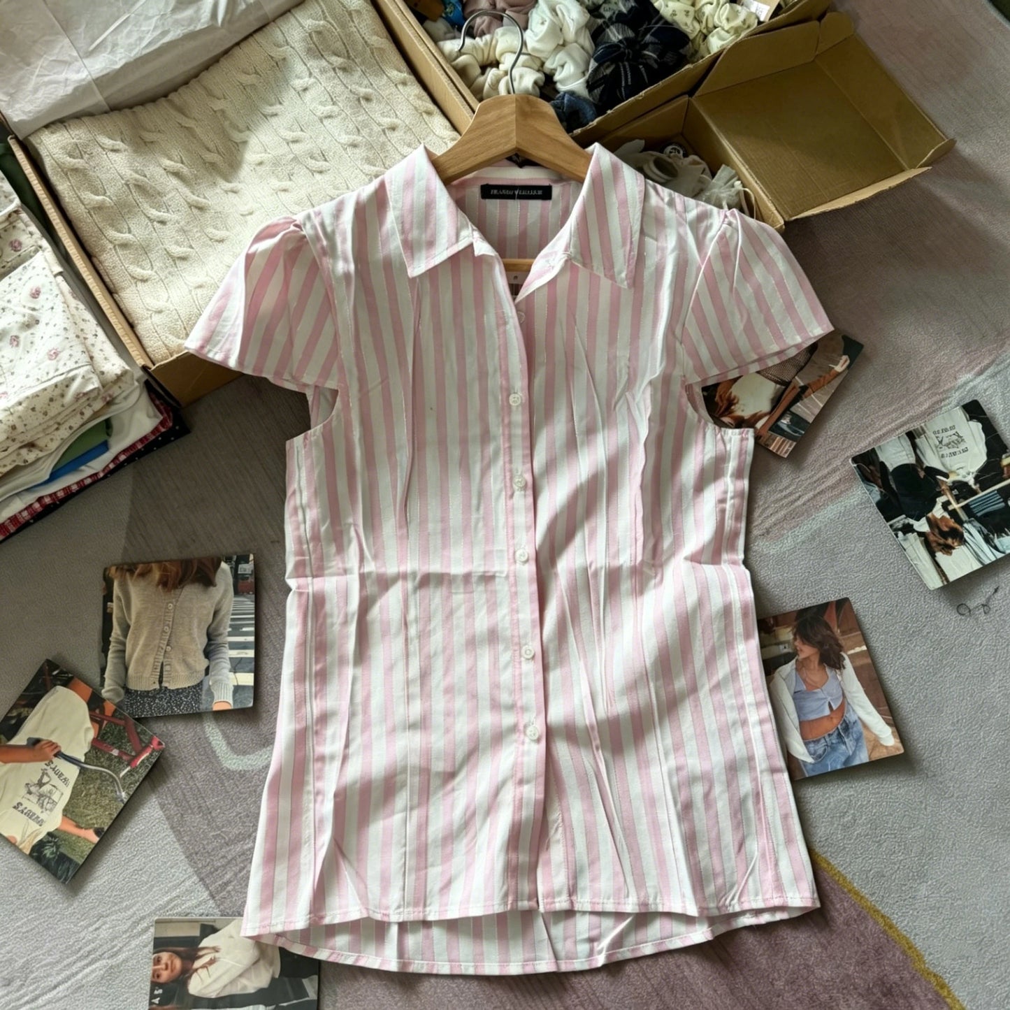 Pink Striped Puff Sleeves Tees Women Simple Pretty Versatile Blouse with Short Sleeve Tops Sweet Preppy Style Cute T-shirts Y2K