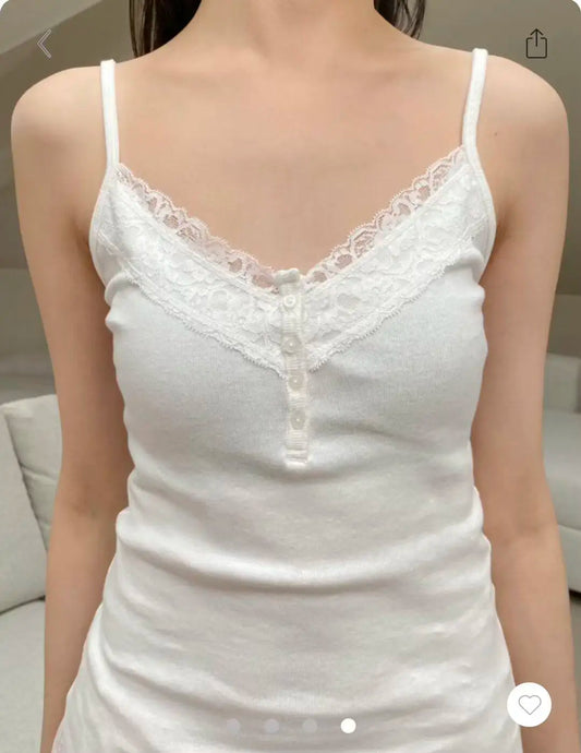 Lace Trim Four Buttons Slim Tank Top Woman Summer V-neck Sleeveless Cotton White Simple Vest Vintage Sweet Basic Camisole