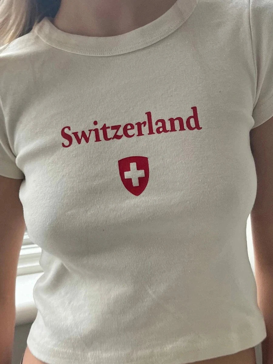 Letter Graphic Print T-shirts Women Summer Casual Beige Slim Cotton Short Sleeve Tees Female Sweet Streetwear Vintage Chic Tops