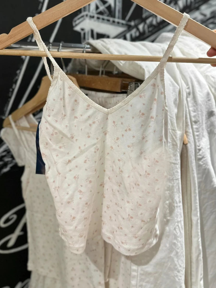 Pink Floral Print Lace Trim Tank Tops Women Summer New Cotton Bow Casual Chic Simple Camisole Girl Sweet Cute Vintage Vests Y2K