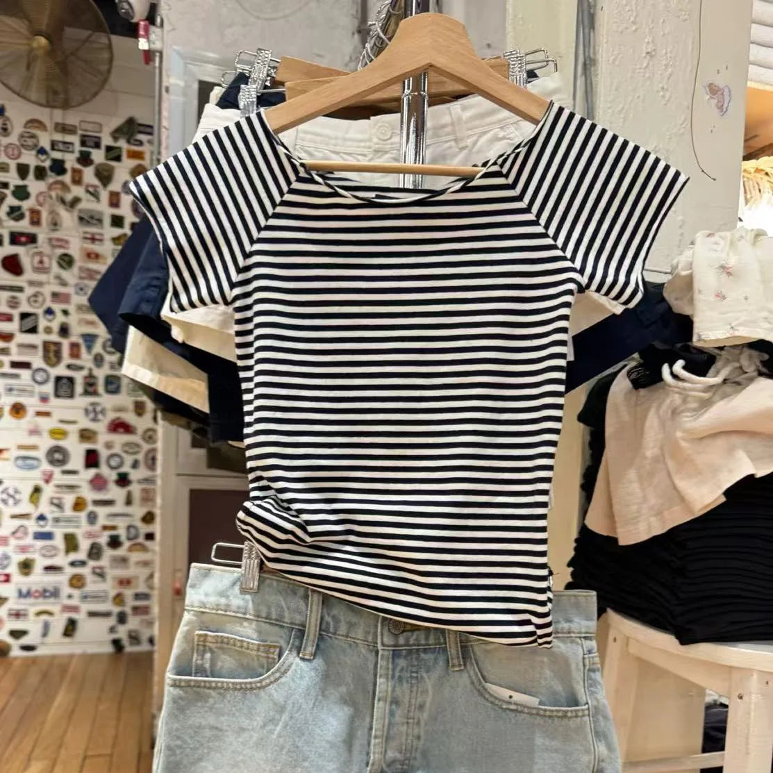Red Striped T-shirt Women Sexy Slash Neck Raw Hem Slim Cotton Short Sleeve Tee Shirts Female Summer Vintage Tshirt Y2K Tops New