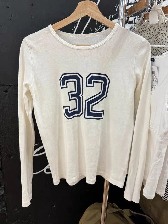 Cute 32 Print Slim Long Sleeve T-shirt Women Autumn O-Neck Short Sleeve Cotton Tee Shirts Vintage American Sweet Tshirt Y2K Tops
