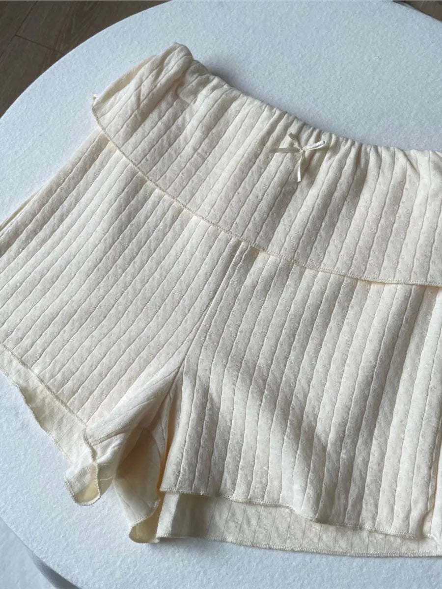 Cute Bow Eyelet Flange Shorts Women Spring Solid Elastic Waist Cotton Straight Short Pants Sweet Home Underwear Y2K Sweatshorts