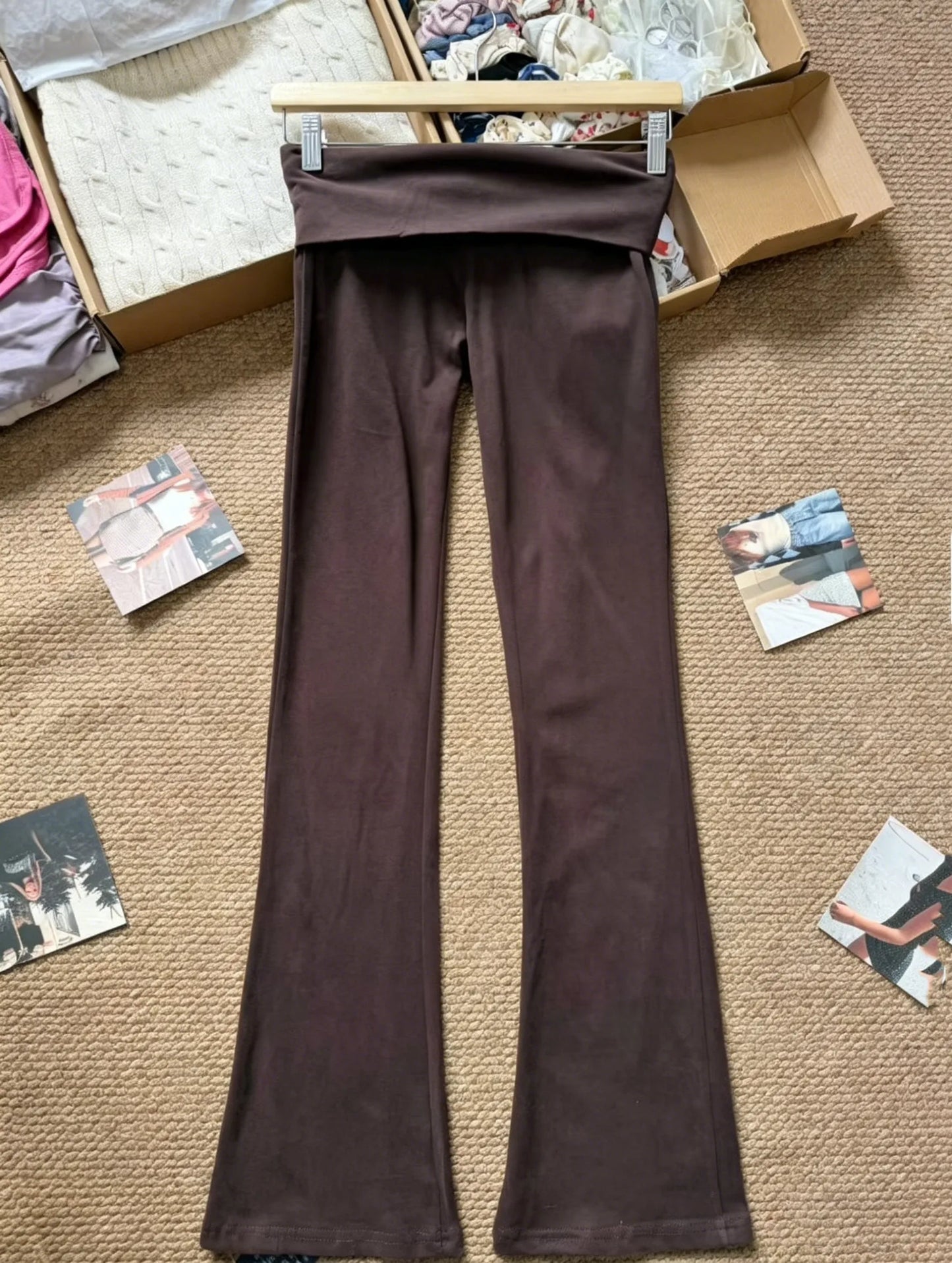 Solid Flip Up Skinny Cotton Yoga Pants Women Casual Simple Elastic High Waist Flare Pant Sweet Cute Straight Sport Trousers Y2K