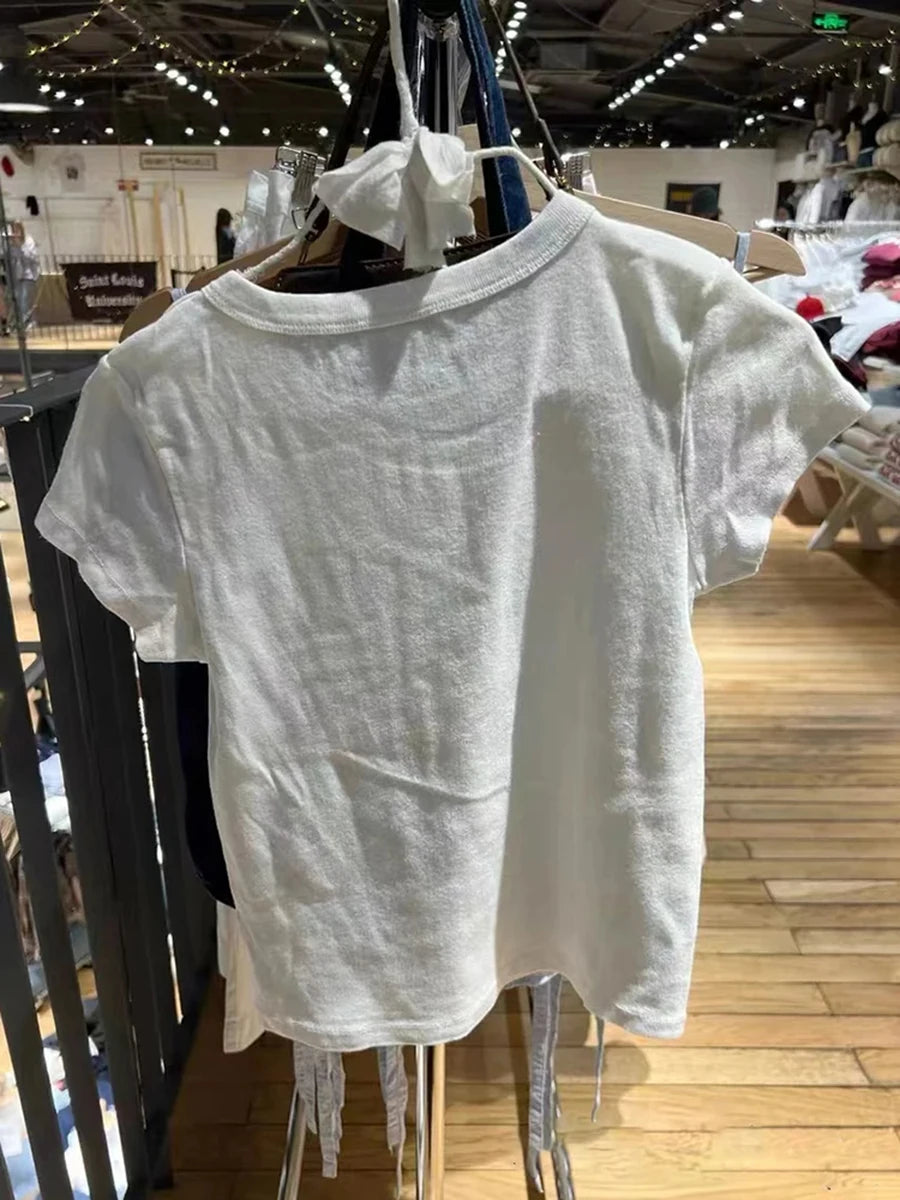 Letter Print Cotton Short Sleeve Tee Women Casual O-neck Streetwear American Tops Female Fashion Sweet Vintage Chic Y2K T-shirts