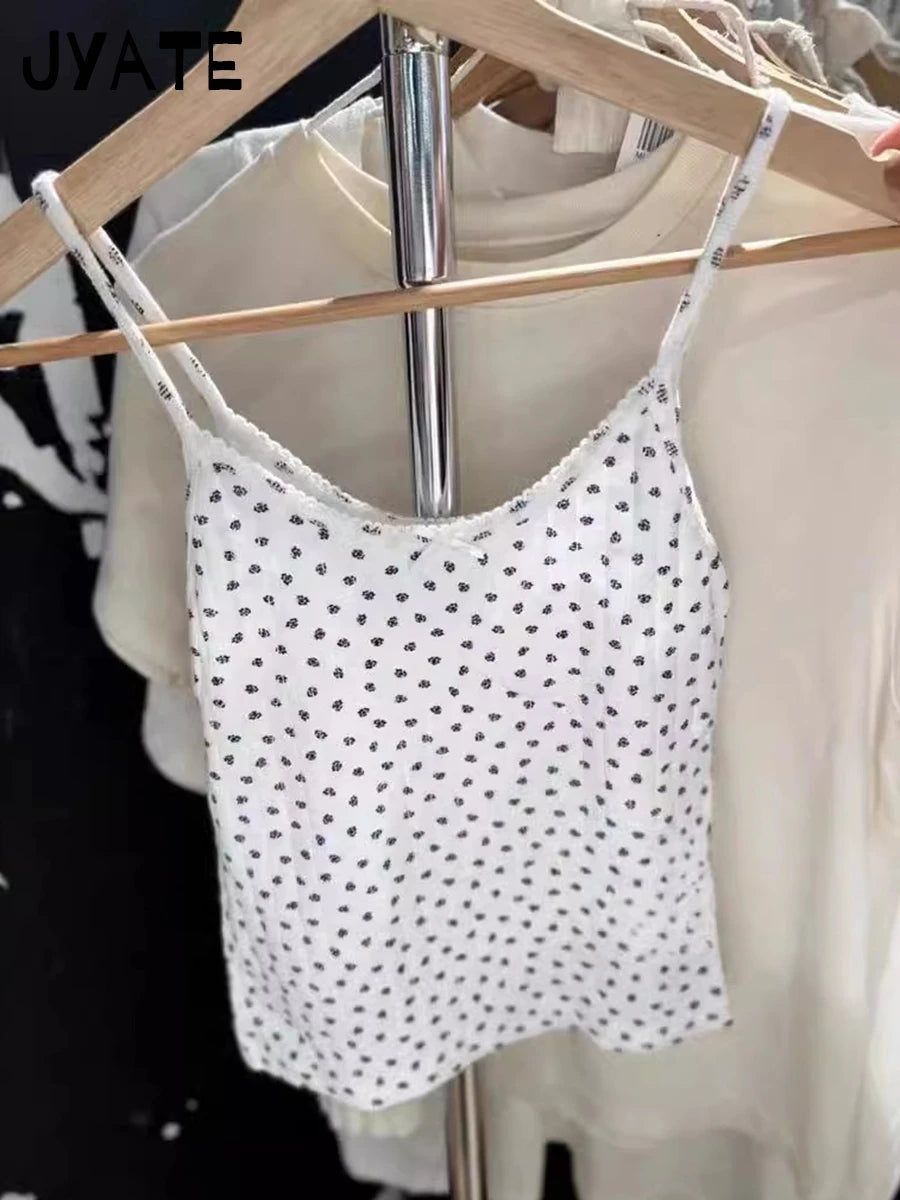 Vintage Floral Print White Bow Tank Tops Women New Cotton Streetwear Casual Simple Slim Vest Female Sweet Cute Chic Y2K Camisole
