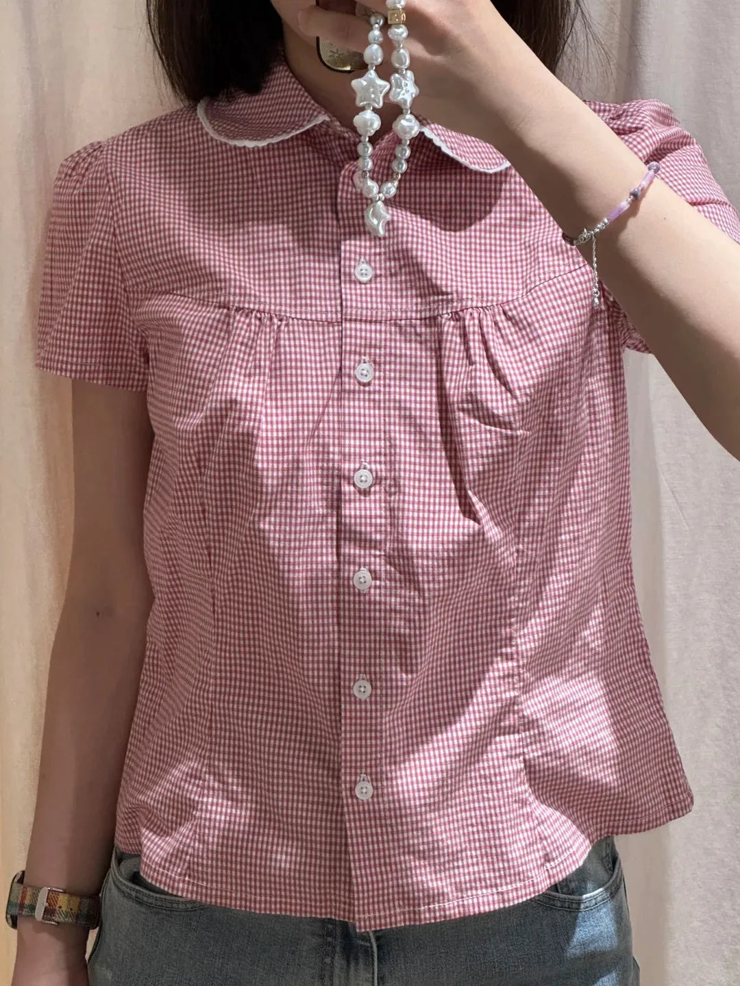Blue Striped Peter pan Collar Blouse Women Casual Preppy Style Buttons Short Sleeve Tee Sweet Vintage Cute T-shirts Y2K Tops New