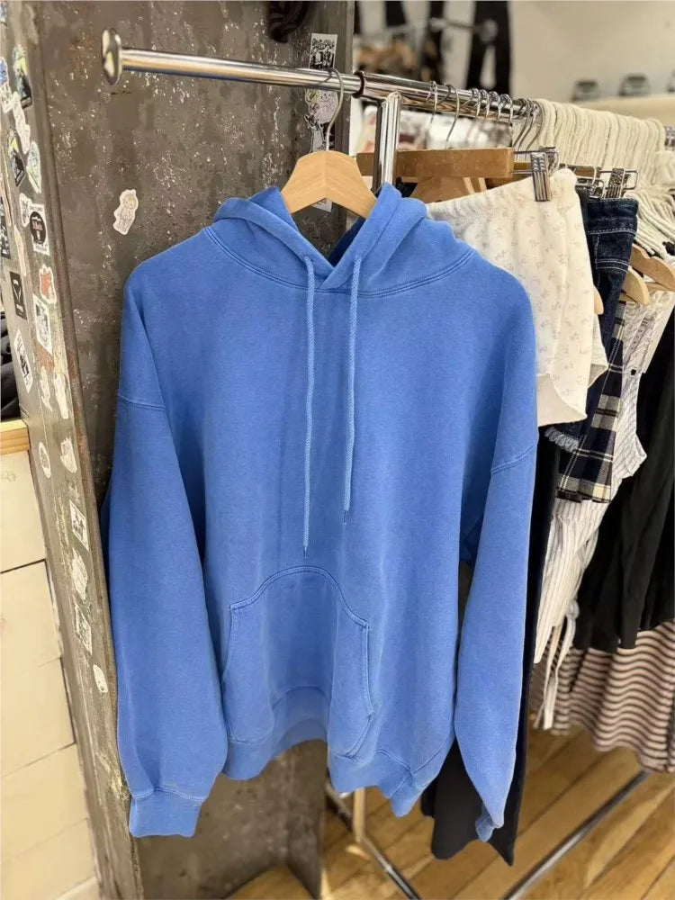Electric Blue Loose Sweatshirts Women Autumn Preppy Style Warm Cotton Casual Pullover Top Fashion Chic Oversize Y2K Hoodies New