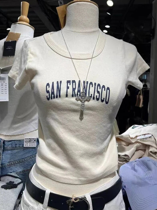 Classic Letter Print T-shirts Women Summer Cotton Soft Slim O-neck Short Sleeve Tees Female Vintage Streetwear Sweet Crop Tops