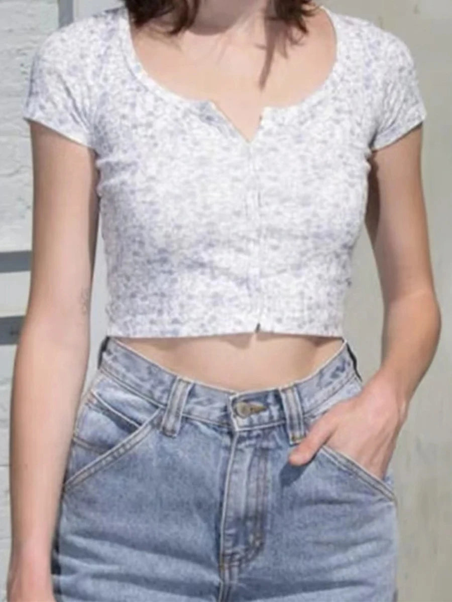 Sweet Floral Print O-neck Cotton Short Sleeve Tee Women New Casual Slim Single-breasted Crop Tops Vintage Cute Chic Y2K T-shirts