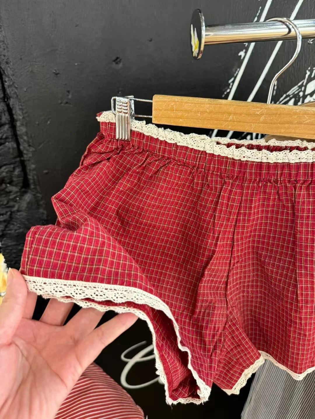 Red Plaid Lace Trim Tank Shorts Sets Women Back Lace-up Slim Camisole+Loose Sweatshorts Cute Sweet Cotton Home 2 Piece Outfits