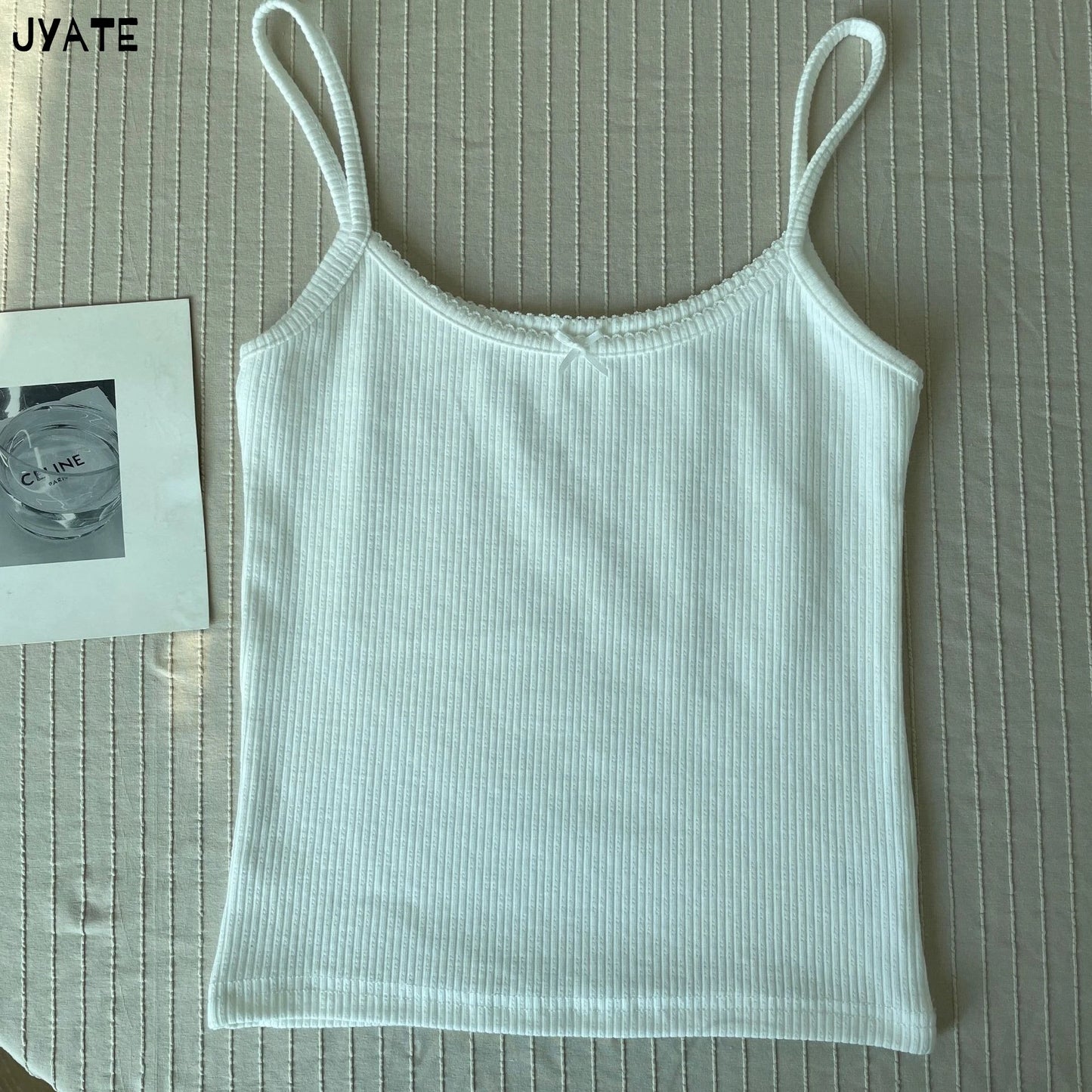 Solid Ribbed Bow O-neck Tank Tops Women Summer New Casual Fashion Slim Sleeveless Cropped Vests Vintage Sweet Cute Camisole Y2K