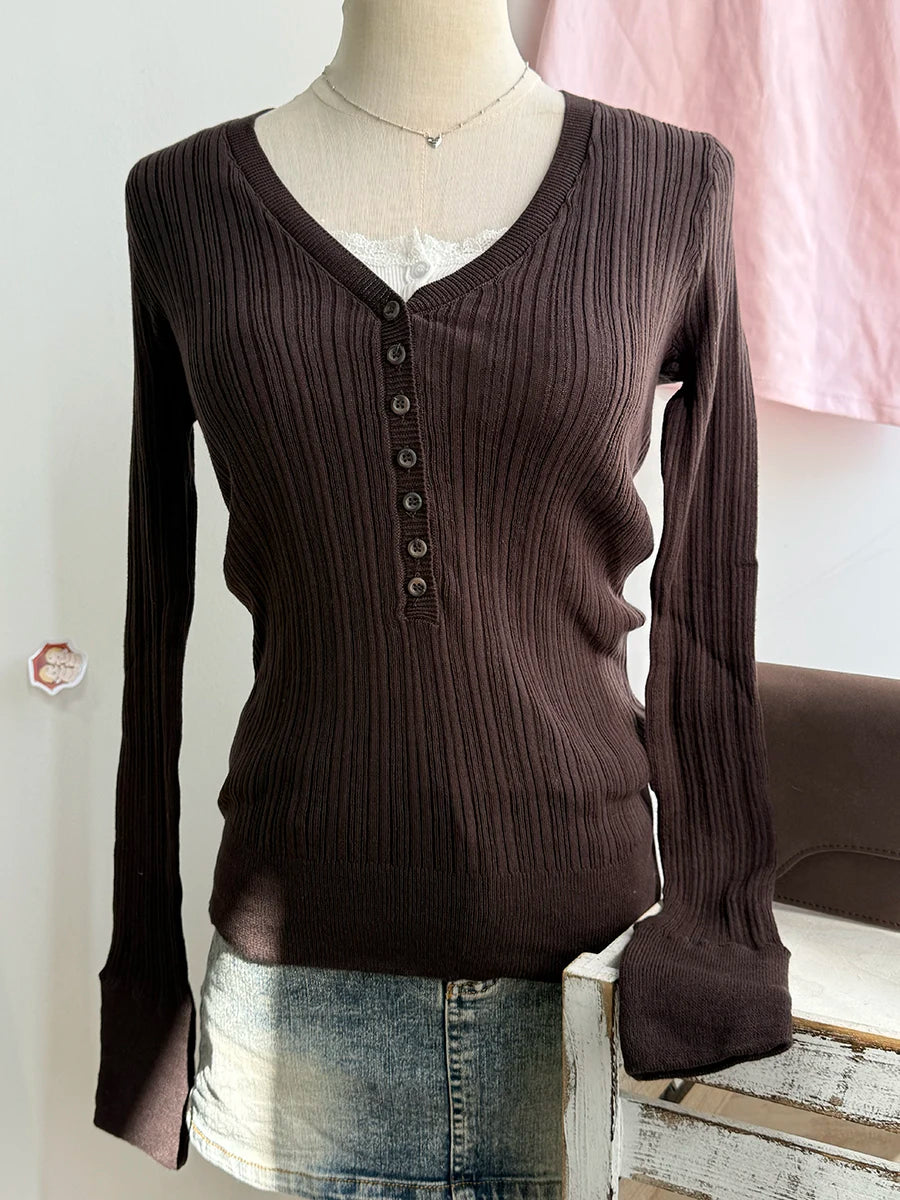 V-neck Knit Buttons T-shirts Women Spring Casual Streetwear Cotton Slim Long Sleeve Tees Sweet Cute Preppy Style T Shirt Y2K