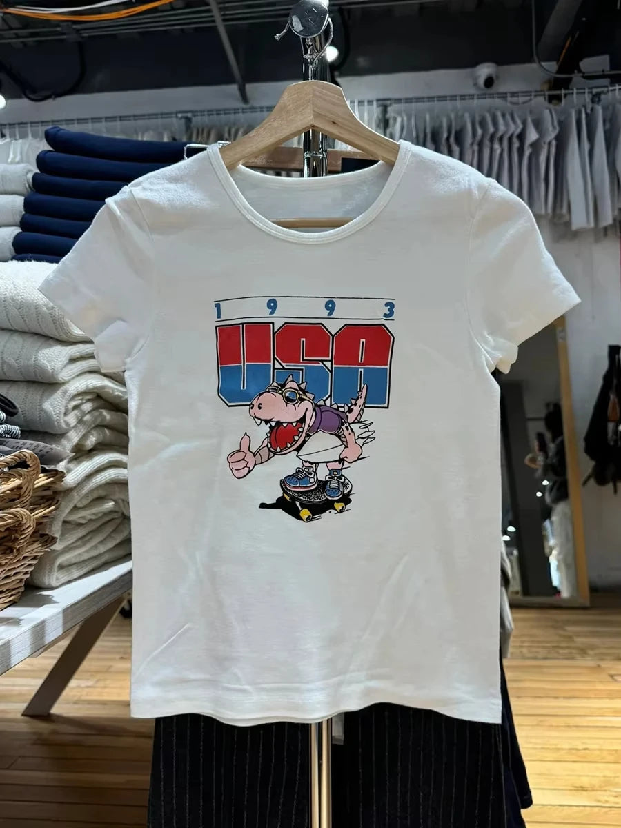 Dinosaur Print Slim T-shirts Women New Cotton Soft Chic O-neck Casual Short Sleeve Tees Harajuku Vintage Cartoon T-shirt Y2K New