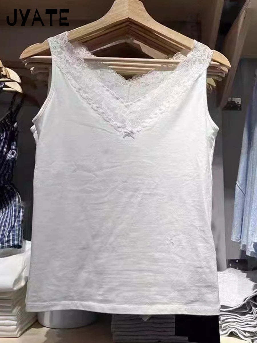 Lace Trim V-neck Sexy Tank Tops Women Summer Casual Cotton White Slim Bow Sleeveless Vests Sweet Cute Preppy Style Camisole Y2K