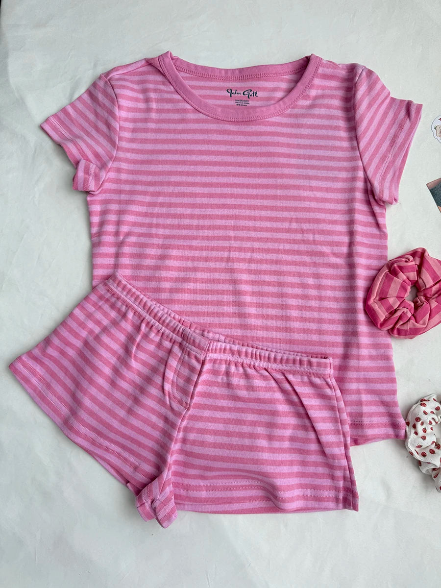 Pink Striped Buttons Long Sleeve T-shirt Shorts Set Women Cotton Home Pajama 2 Piece Sets Slim Tees+Elastic Straight Sweatshort
