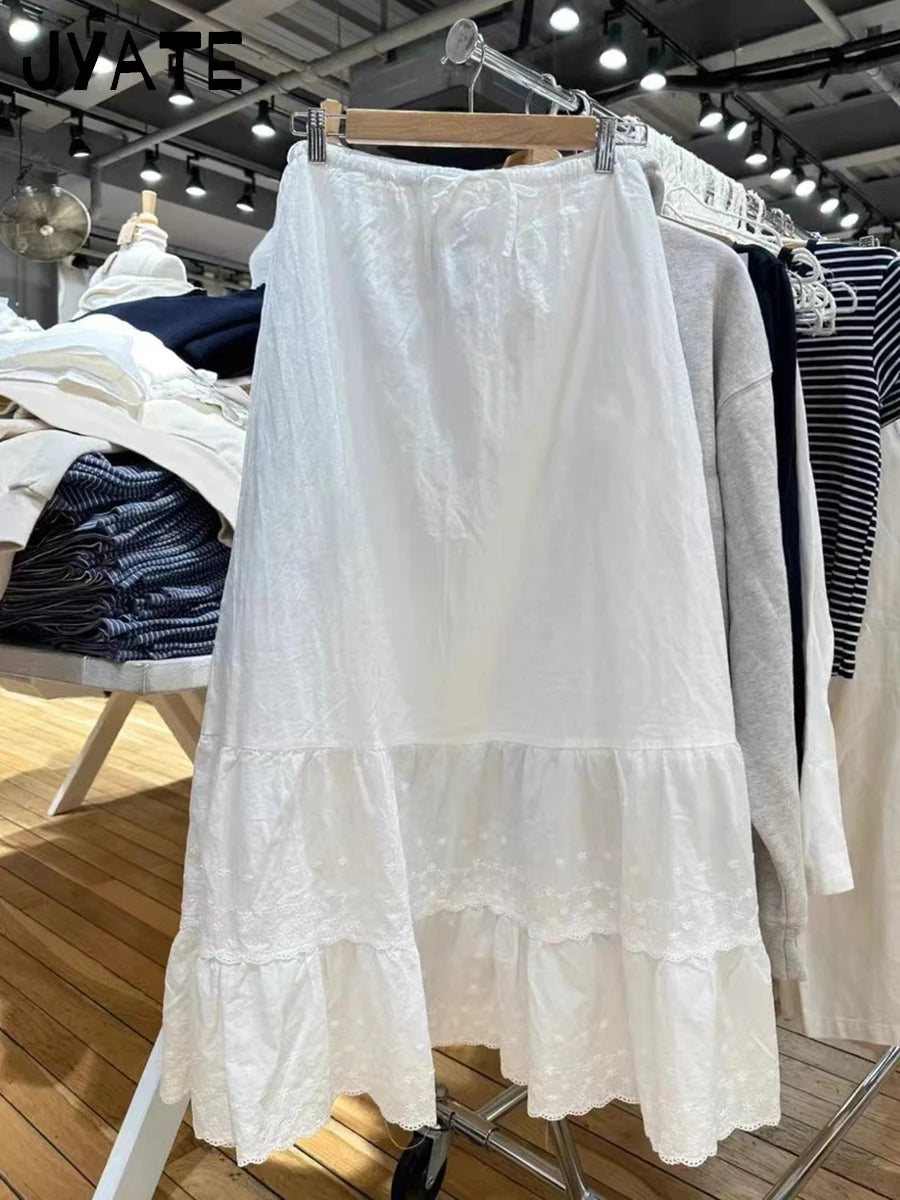 White Floral Embroidery Maxi Skirts Women New Cotton Lace Trim Drawstring High Waist Ruffles Long Skirt Vintage Sweet Faldas Y2K
