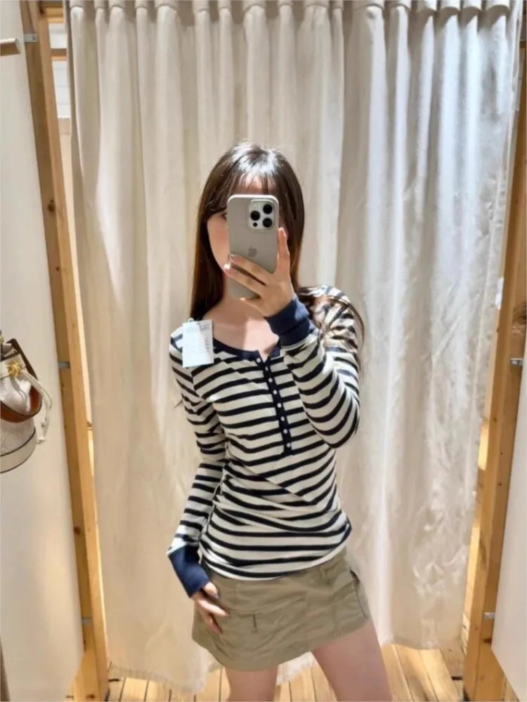 Blue White Striped T-shirt Women Buttons O-Neck Cotton Slim Patchwork Long Sleeve Tee Sweet Cute Preppy Style Tshirt Y2K Top New