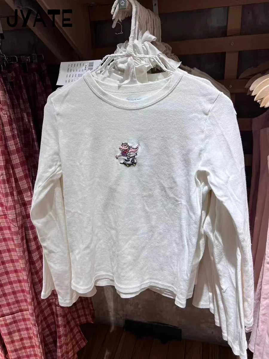 Cute Dinosaur Embroidery Long Sleeve Tees Women O-neck Casual Cotton Soft Slim Tops Clothes Vintage Sweet Chic T-shirts Y2K New