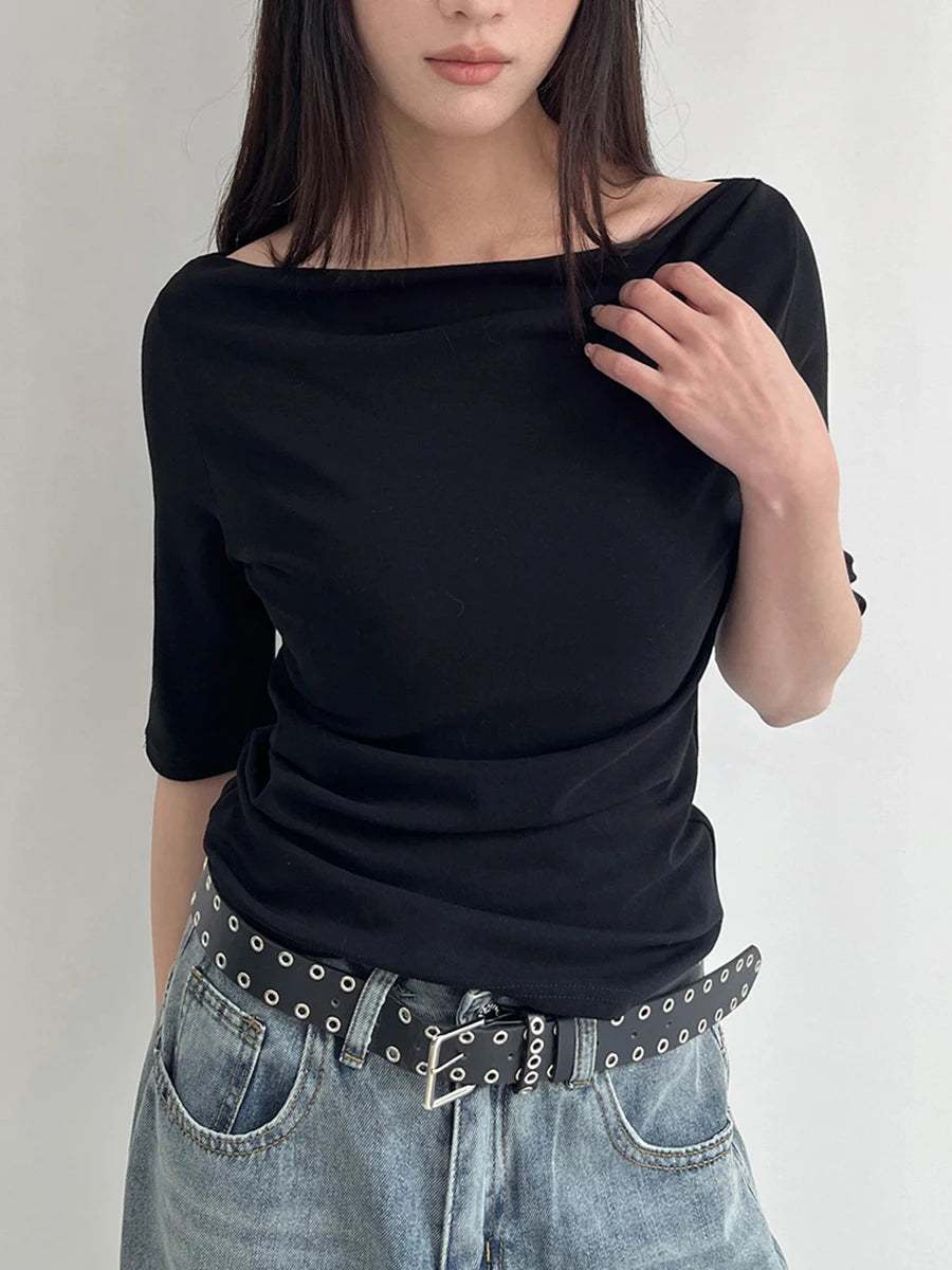 Electric Blue Half Sleeve Tees Women Summer Casual Streetwear Slim Slash Neck Crop Tops Female Vintage Simple Basic T-shirts Y2K