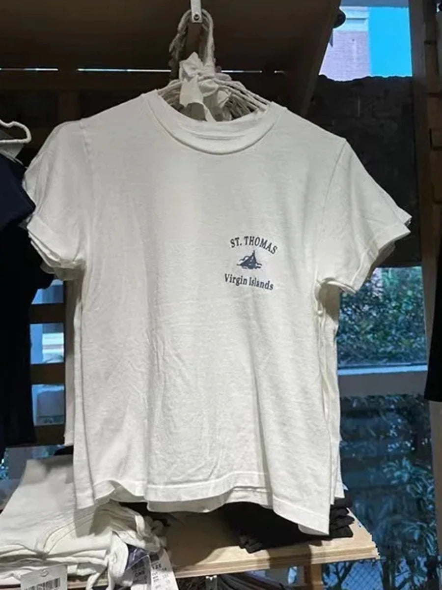 Letter Sailboat Print Solid Short Sleeve Tee Women Streetwear Cotton O-neck Loose Casual Crop Tops Fashion Vintage Y2K T-shirts