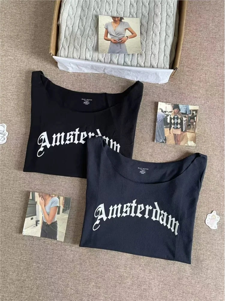 Retro Raw Hem Slash Neck Crop Top Women Simple Letter Print Slim Cotton Short Sleeve Tee Vintage Sweet Preppy Style Tshirt Y2K