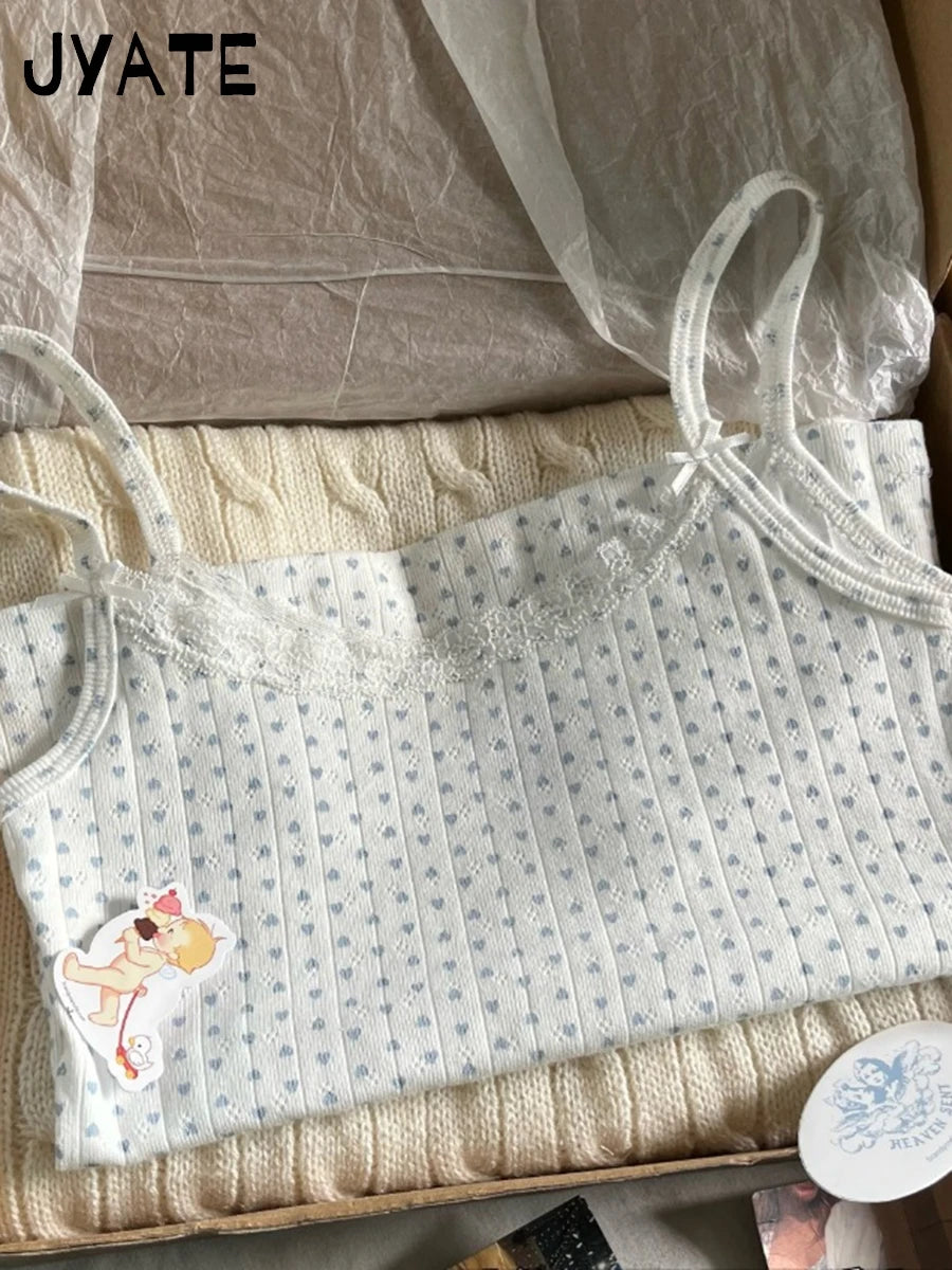 Sweet Blue Heart Print Eyelet Tank Tops Women Summer Bow Lace Trim Cotton Slim Sleeveless Cropped Vests Cute VIntage Chic Camis