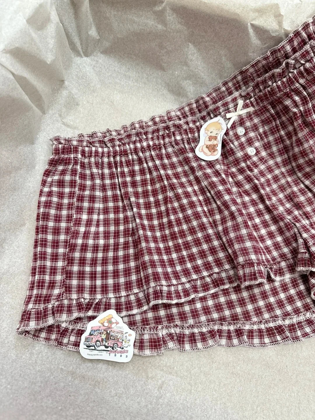 Red Plaid Ruffle Shorts Women Summer Casual Buttons Bow Elastic Low Waist Straight Pant Chic Sweet Preppy Style Short Pants Y2K